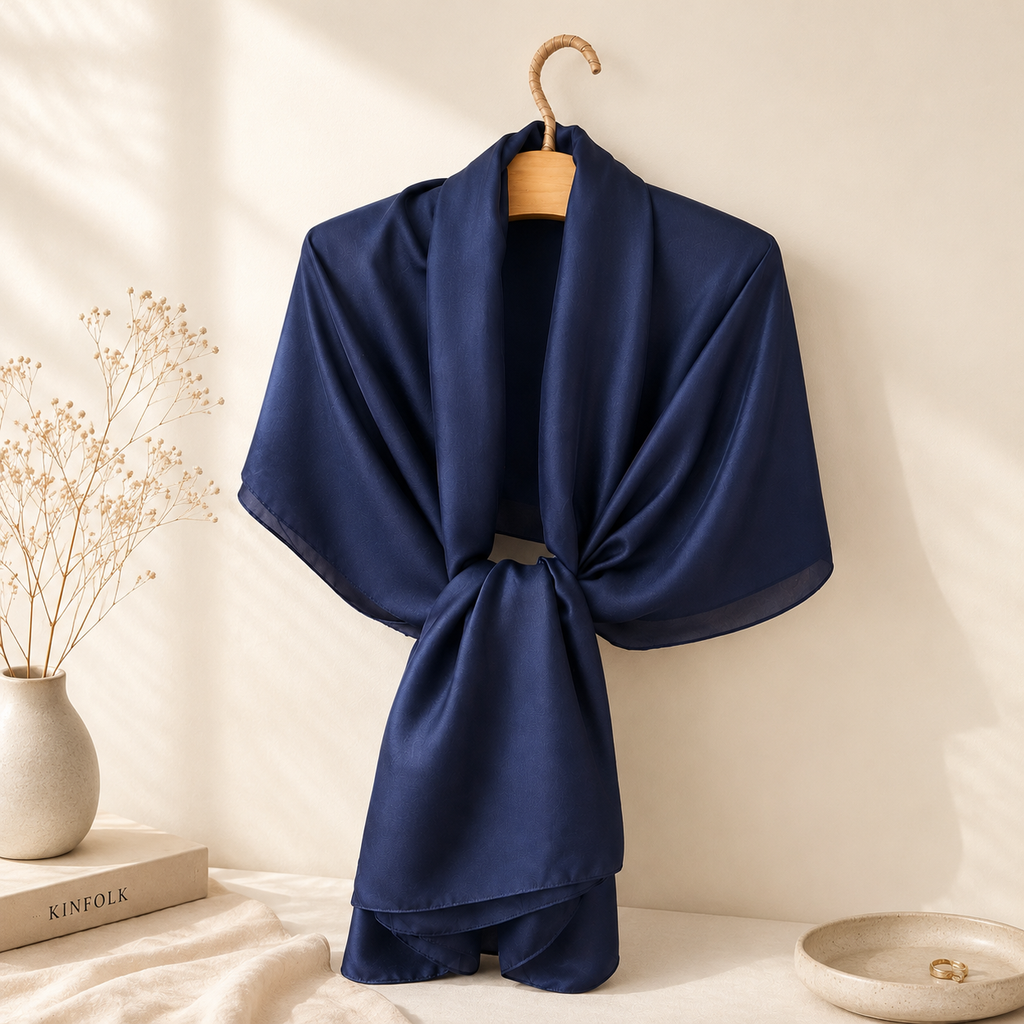 Vietnamese Mulberry Silk Wrap Scarf, Solid Navy, 43x71 Large Silk Shawl for Women, Gift for Her
