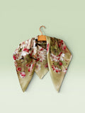 Olive Green Silk Scarf, Cherry Blossom Bird Print, 35x35 Square Shawl, Mother's Day Gift