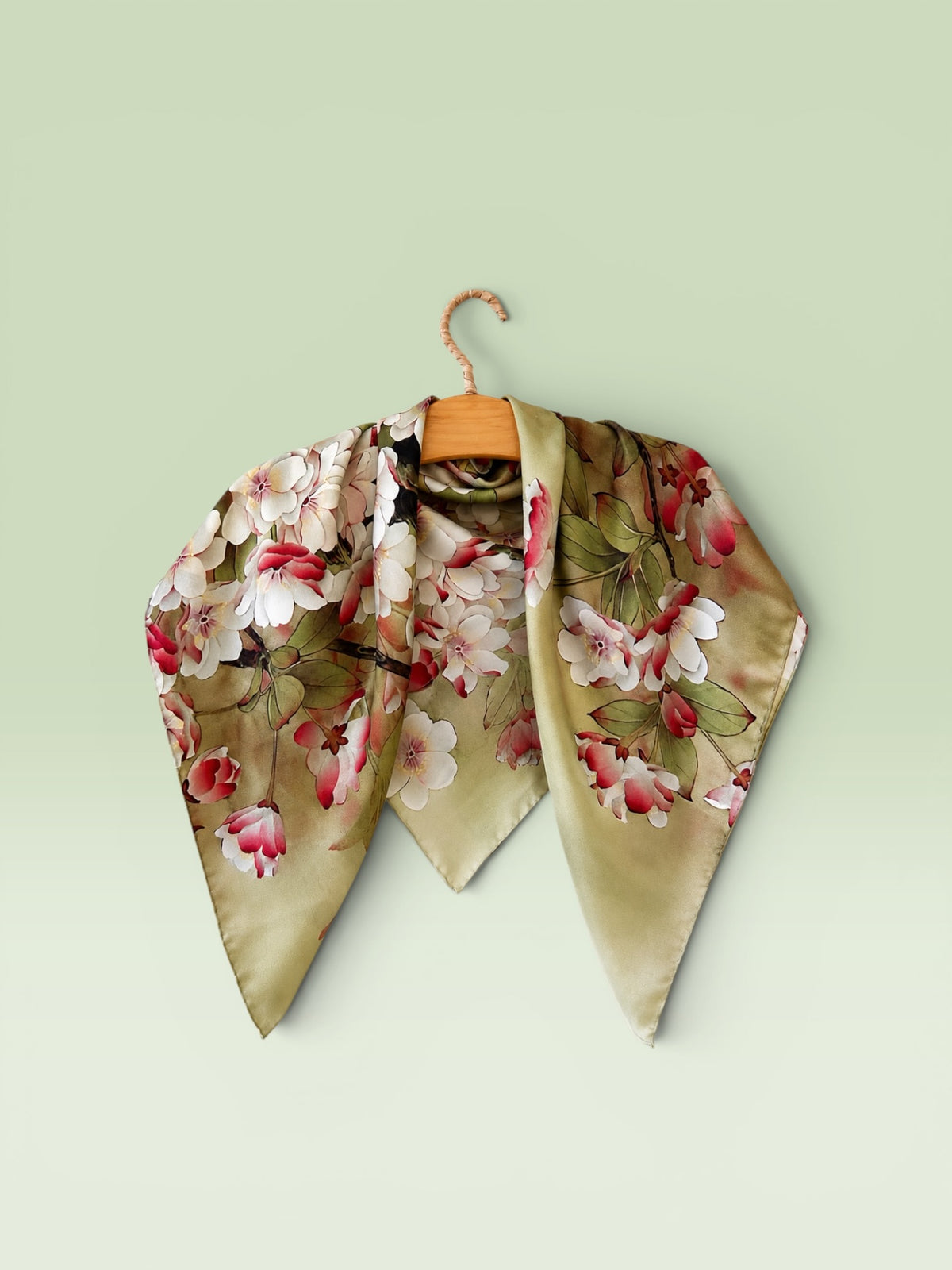 Olive Green Silk Scarf, Cherry Blossom Bird Print, 35x35 Square Shawl, Mother's Day Gift