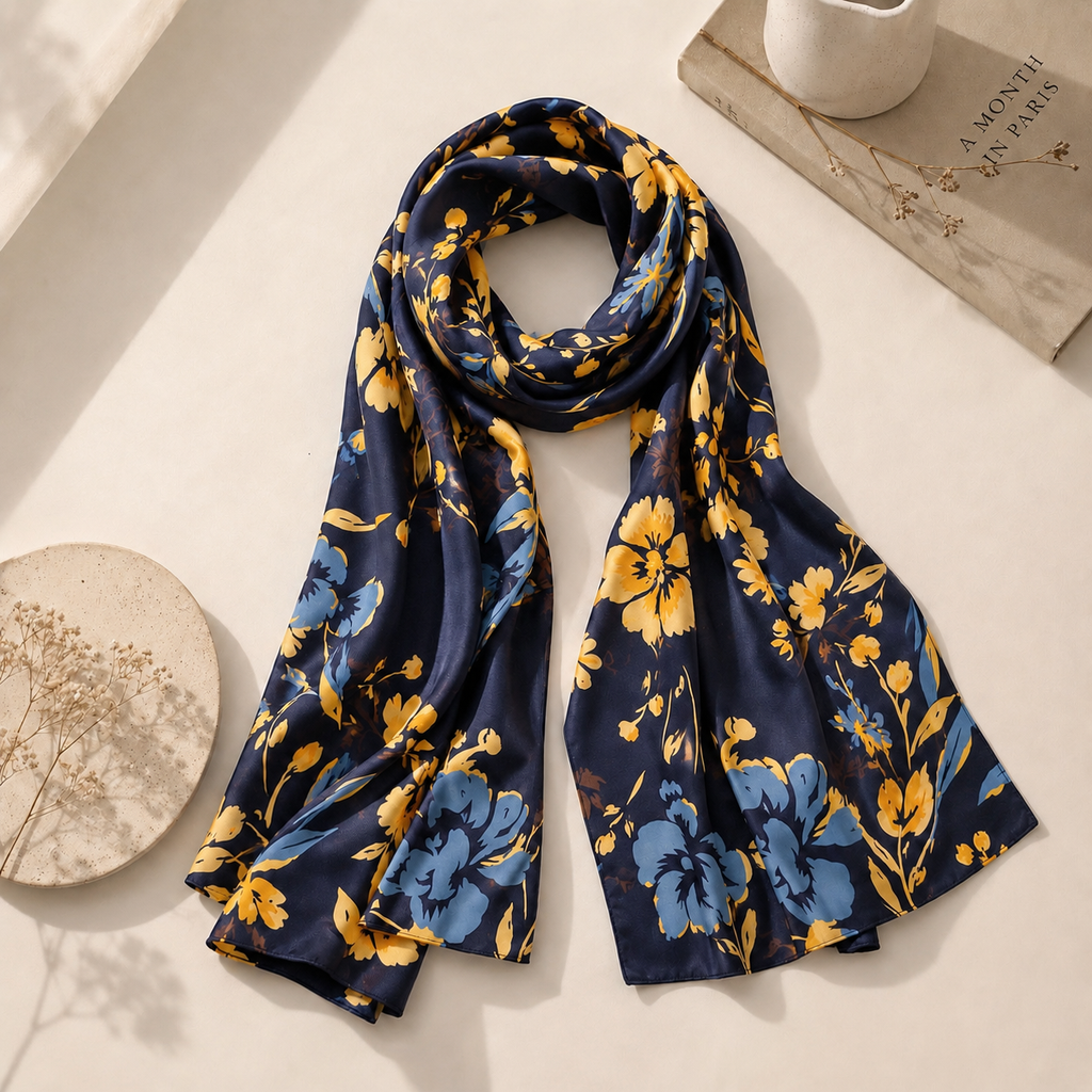 Vietnamese Mulberry Silk Scarf, Navy Mustard Floral Print, 28x71 Oblong (Hand-Rolled Edges), Gift for Her