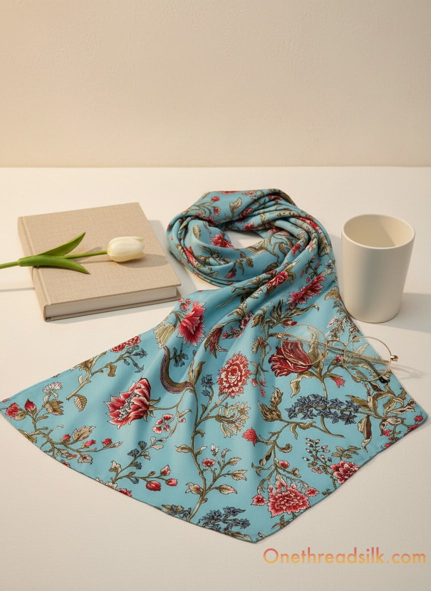 Vietnamese Mulberry Silk Scarf, Turquoise Jacobean Floral, 35x35 Large Square Silk Shawl for Women, Gift for Her