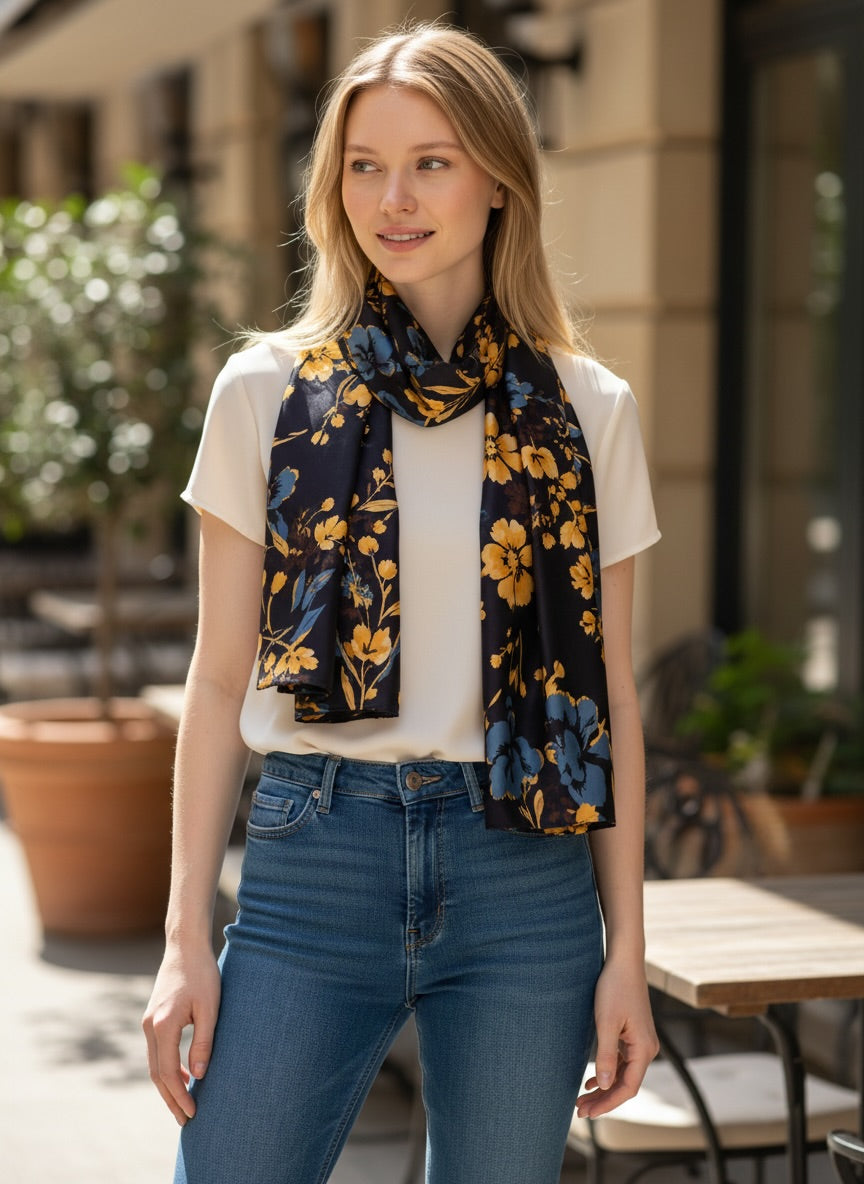 Vietnamese Mulberry Silk Scarf, Navy Mustard Floral Print, 28x71 Oblong (Hand-Rolled Edges), Gift for Her
