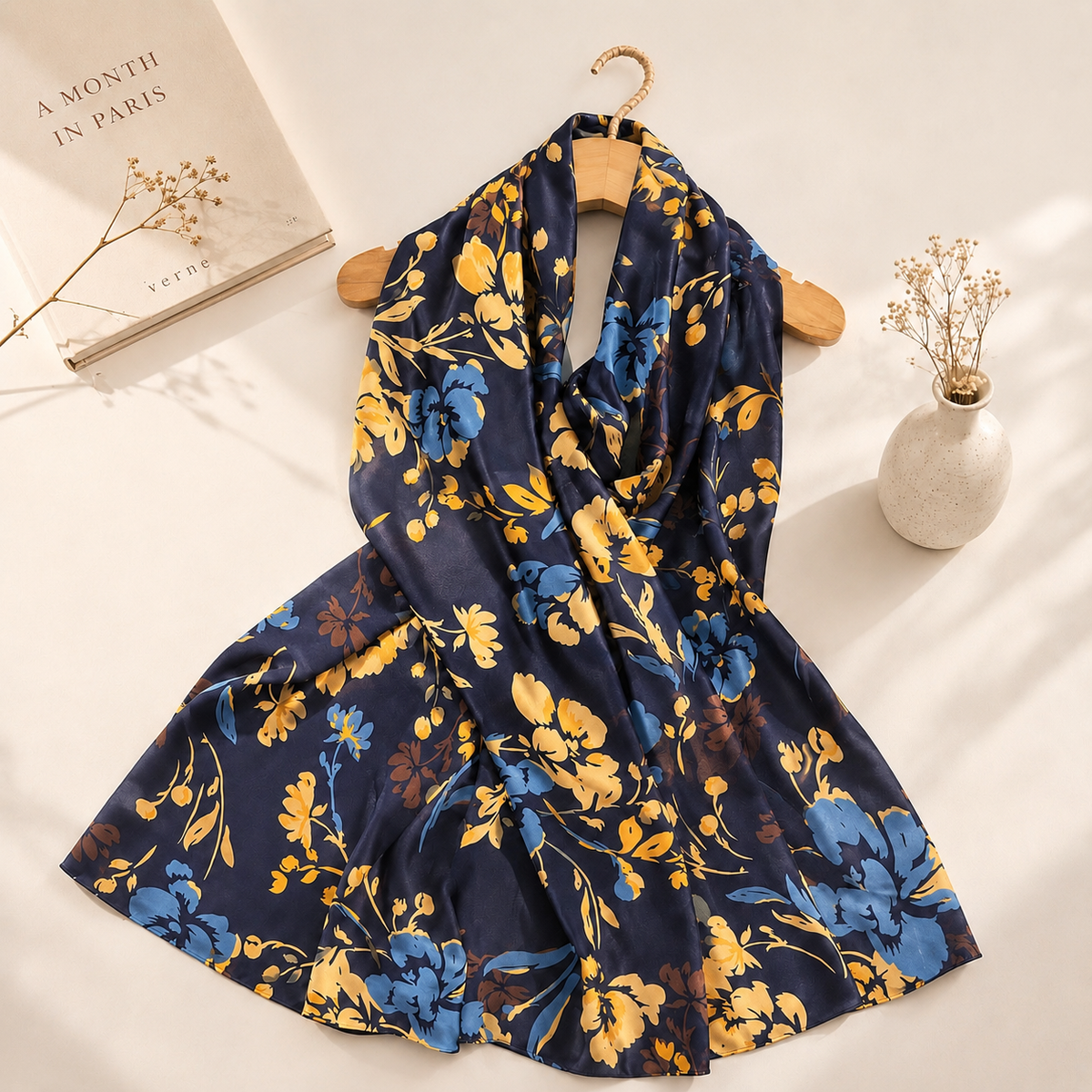 Vietnamese Mulberry Silk Scarf, Navy Mustard Floral Print, 28x71 Oblong (Hand-Rolled Edges), Gift for Her