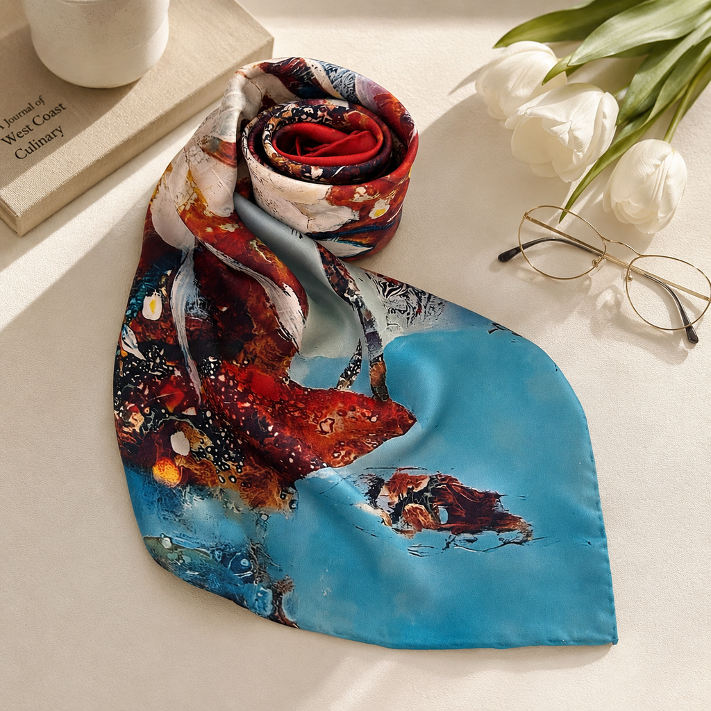 Vietnamese Mulberry Silk Scarf, Multicolor Abstract Print, 35x35 Large Square Silk Neckerchief, Statement Gift