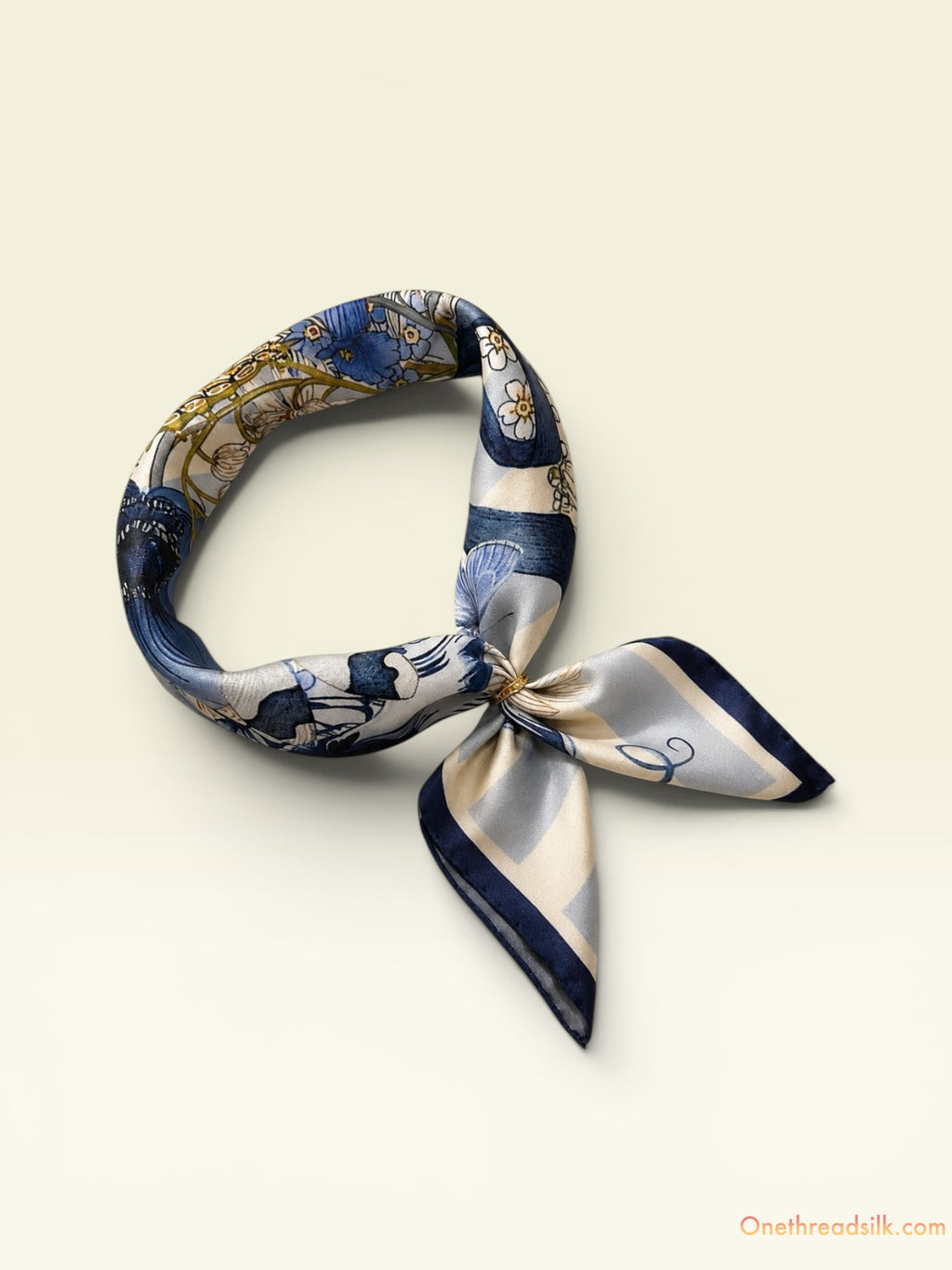 Vietnamese Mulberry Silk Scarf, Blue Gold Floral Print, 26x26 Square (Hand-Rolled Edges), Anniversary Gift