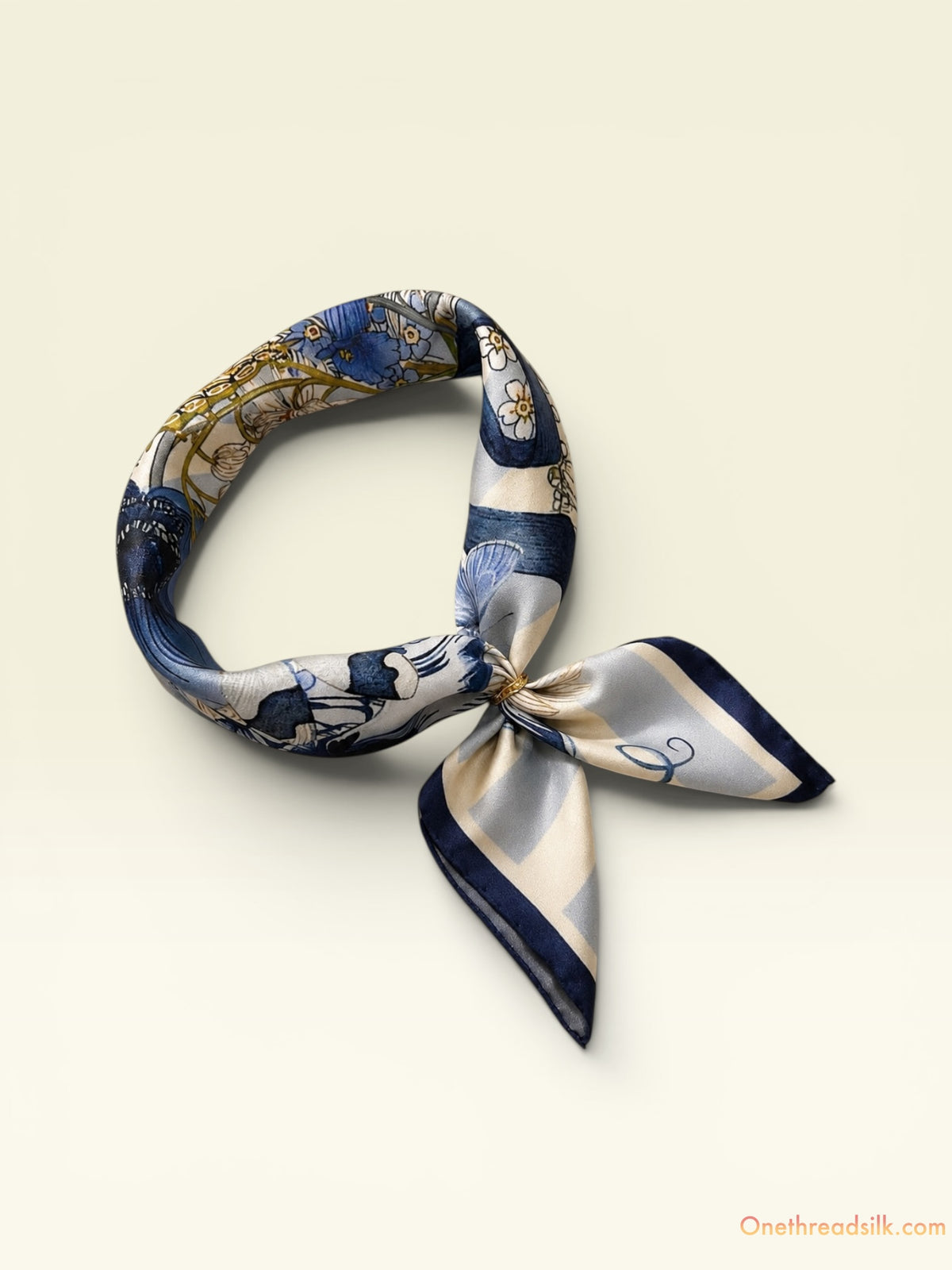 Vietnamese Mulberry Silk Scarf, Blue Gold Floral Print, 26x26 Square (Hand-Rolled Edges), Anniversary Gift