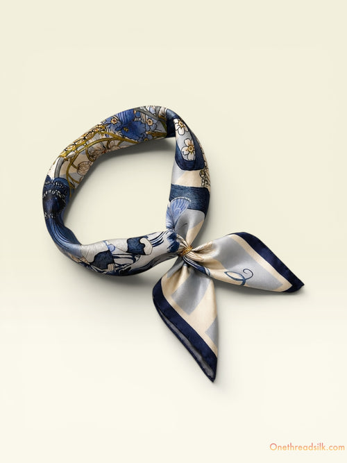 Vietnamese Mulberry Silk Scarf, Blue Gold Floral Print, 26x26 Square (Hand-Rolled Edges), Anniversary Gift