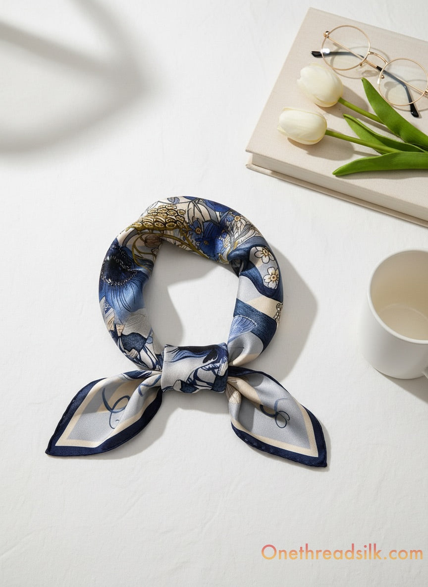 Vietnamese Mulberry Silk Scarf, Blue Gold Floral Print, 26x26 Square (Hand-Rolled Edges), Anniversary Gift
