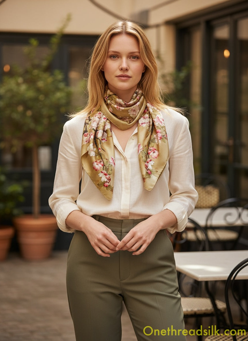 Olive Green Silk Scarf, Cherry Blossom Bird Print, 35x35 Square Shawl, Mother's Day Gift