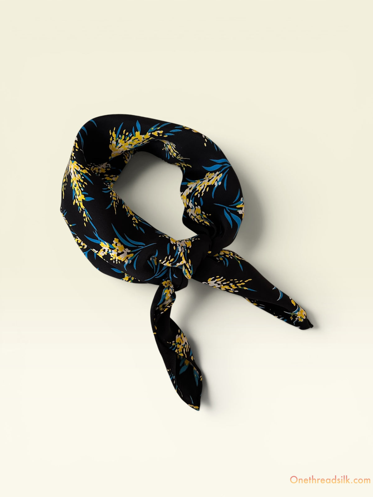 Vietnamese Silk Floral Bandana, Black Blue Yellow Square Neckerchief (22x22), Birthday Gift for Her
