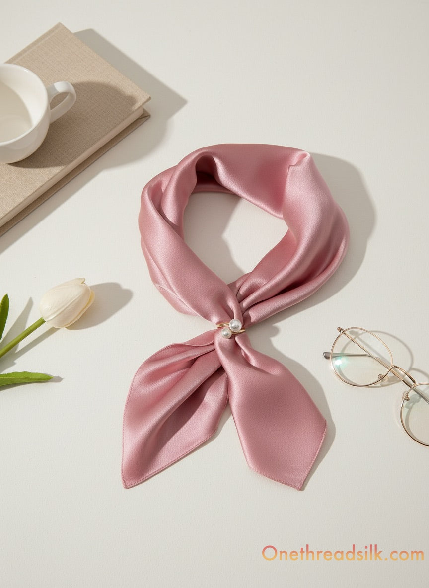 Dusty Rose Mulberry Silk Scarf, 22x22 Blush Square Bandana, Hand-Rolled Edges, Valentine's Day Gift