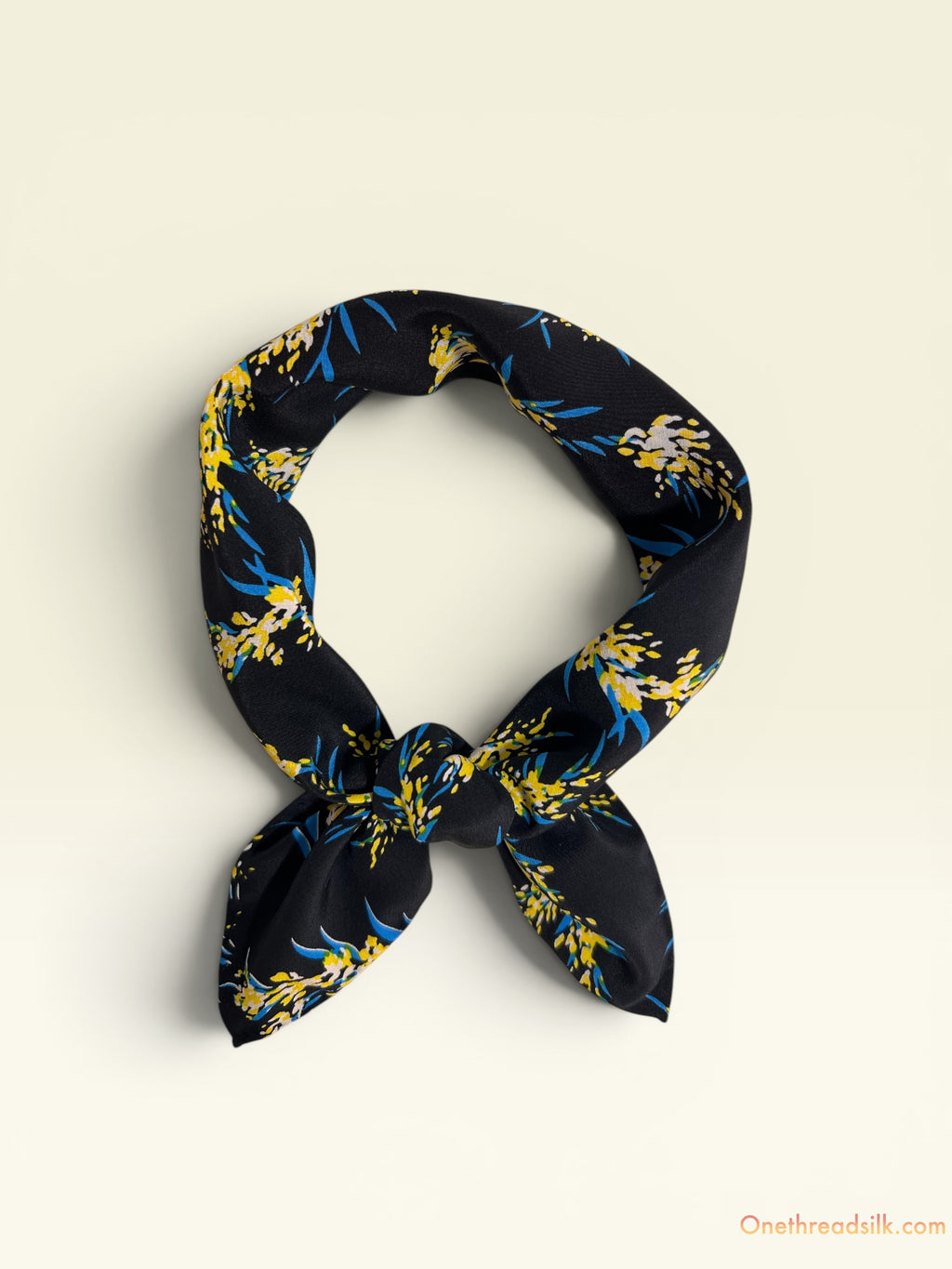 Vietnamese Silk Floral Bandana, Black Blue Yellow Square Neckerchief (22x22), Birthday Gift for Her