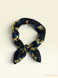 Vietnamese Silk Floral Bandana, Black Blue Yellow Square Neckerchief (22x22), Birthday Gift for Her