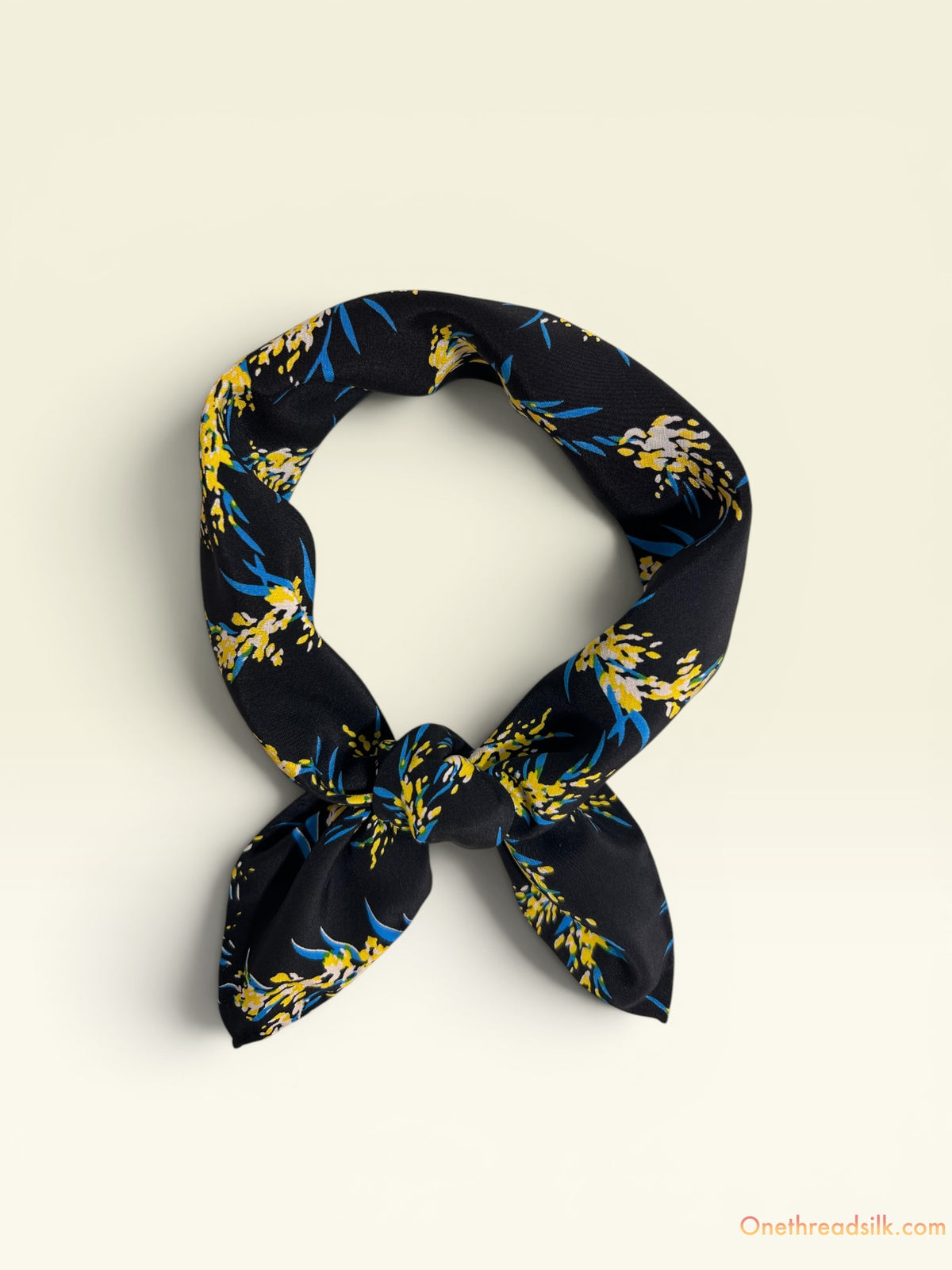 Vietnamese Silk Floral Bandana, Black Blue Yellow Square Neckerchief (22x22), Birthday Gift for Her