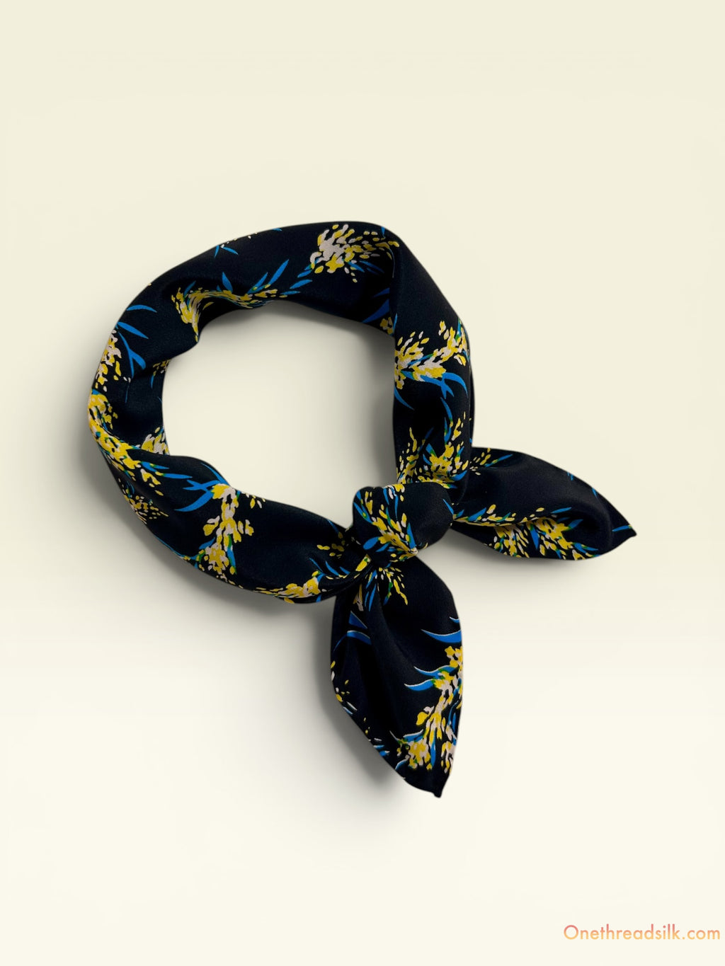 Vietnamese Silk Floral Bandana, Black Blue Yellow Square Neckerchief (22x22), Birthday Gift for Her