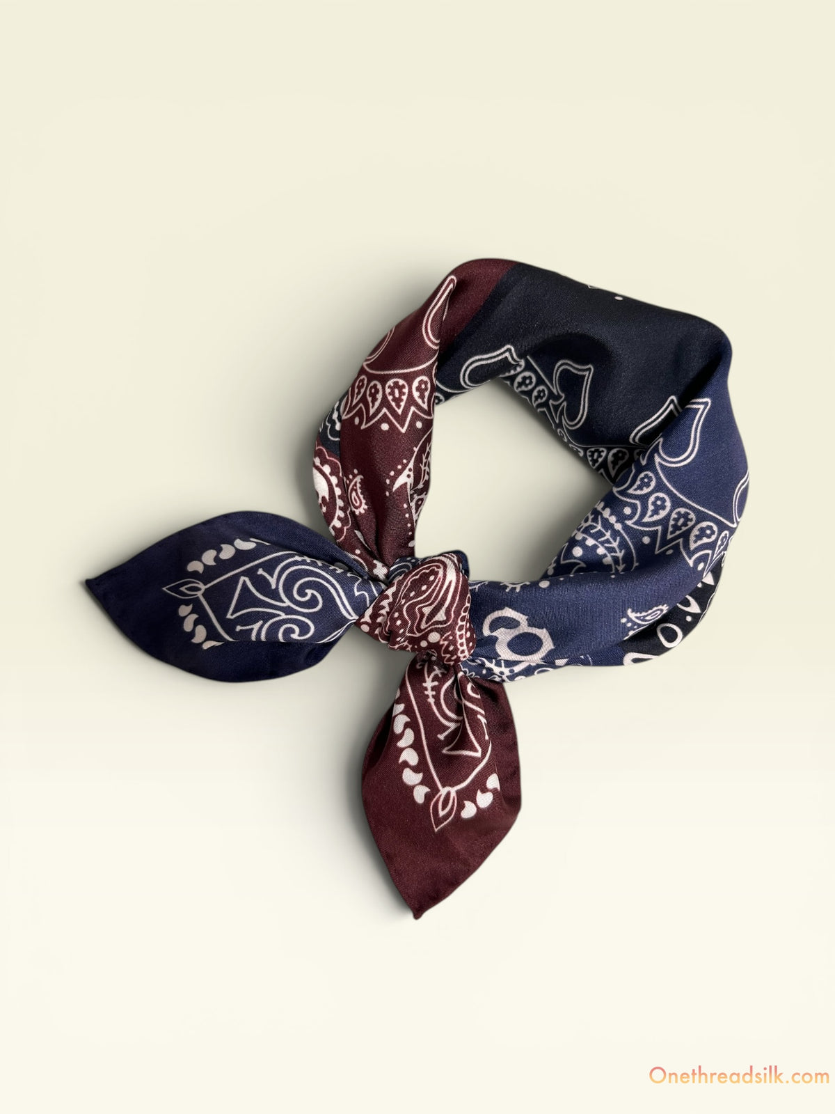 Vietnamese Silk Paisley Bandana Scarf, Navy Burgundy Boho Neckerchief (22x22), Boho Gift for Her