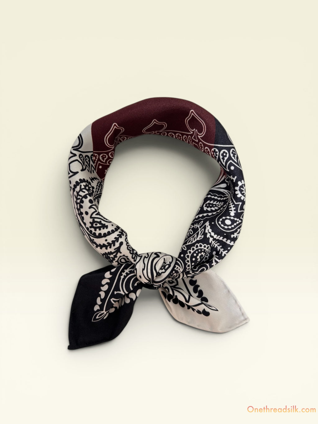 Vietnamese Silk Paisley Bandana Scarf, Navy Burgundy Boho Neckerchief (22x22), Boho Gift for Her