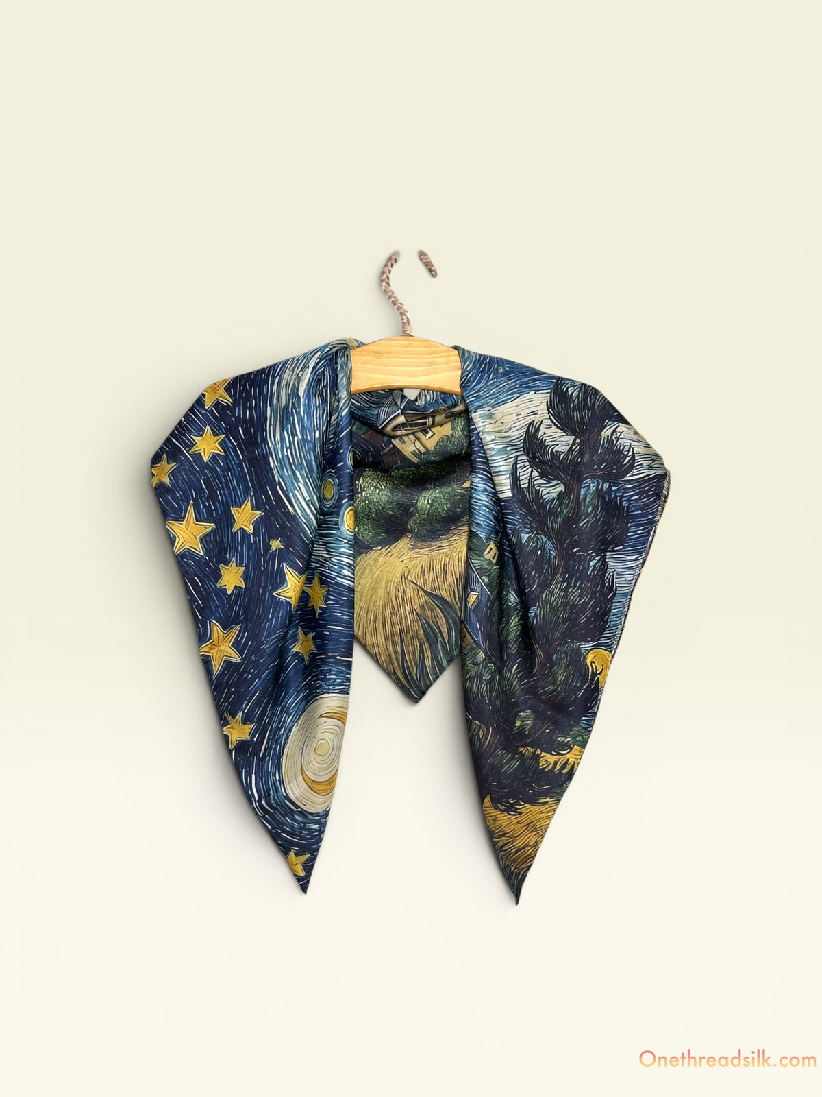 Vietnamese Mulberry Silk Scarf, Starry Night Art Print, 35x35 Square Shawl, Unique Gift for Her