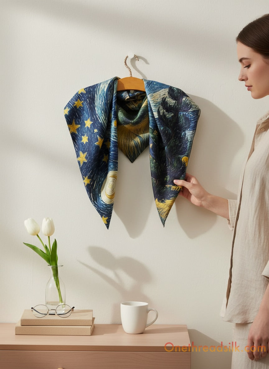 Vietnamese Mulberry Silk Scarf, Starry Night Art Print, 35x35 Square Shawl, Unique Gift for Her