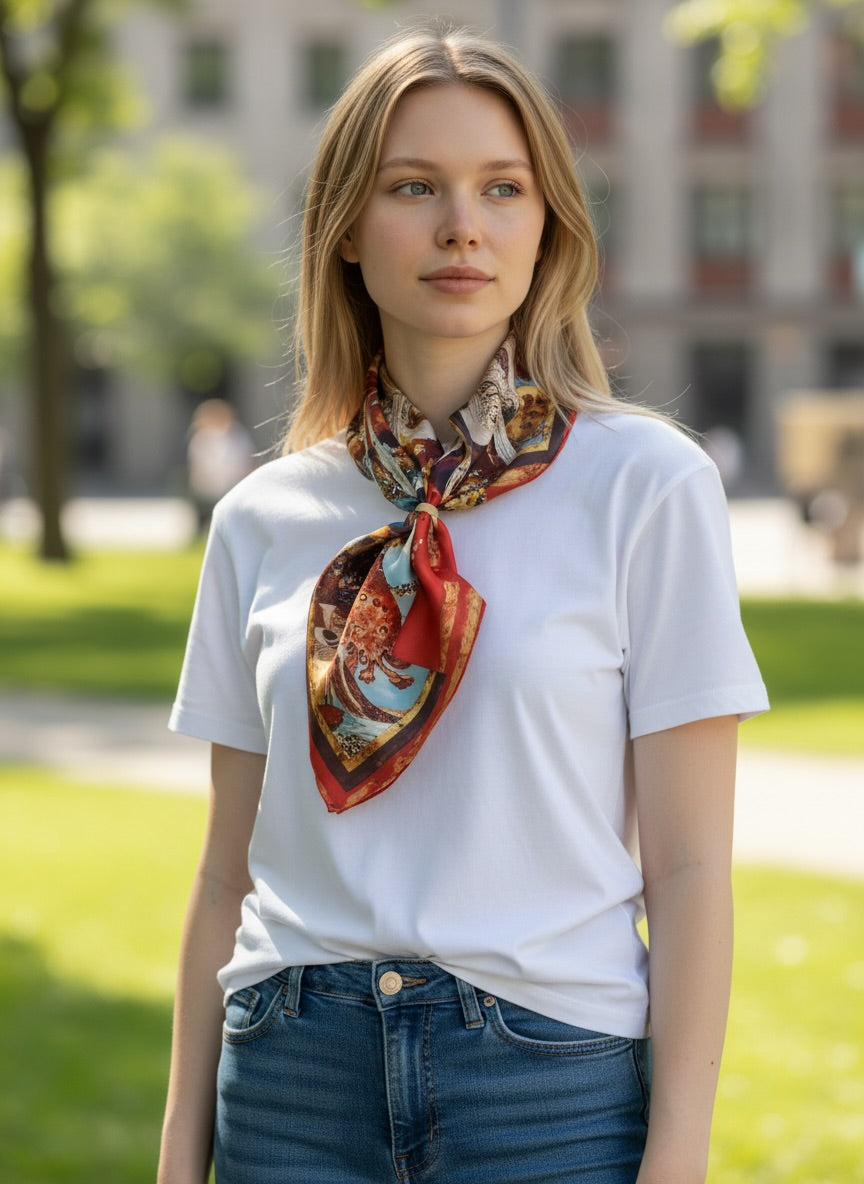 Vietnamese Mulberry Silk Scarf, Multicolor Abstract Print, 35x35 Large Square Silk Neckerchief, Statement Gift