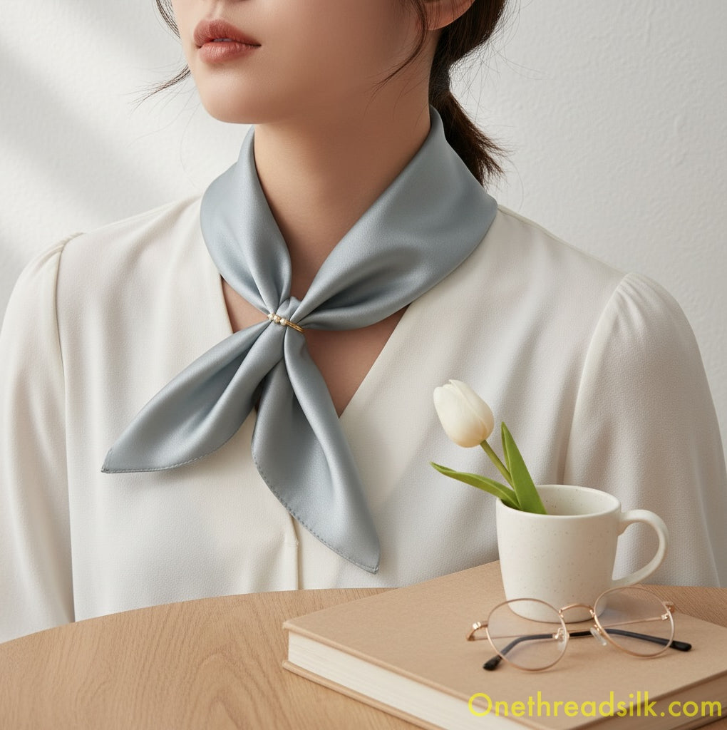 Vietnamese Mulberry Silk Scarf, Dove Grey Square Neckerchief, Hand-Rolled Edges, Gift for Her