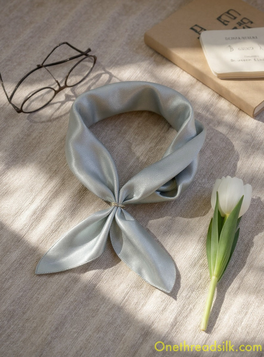 Vietnamese Mulberry Silk Scarf, Dove Grey Square Neckerchief, Hand-Rolled Edges, Gift for Her