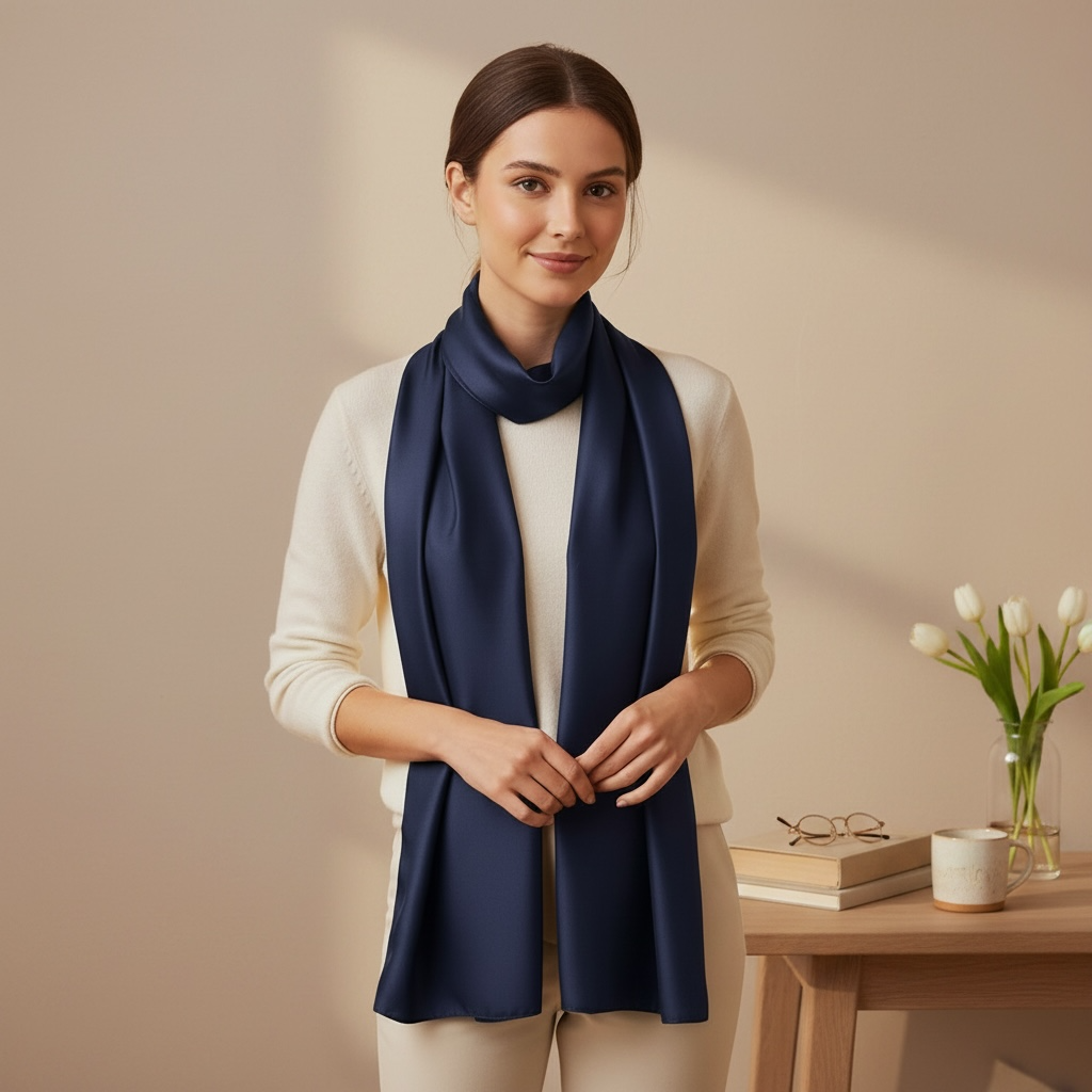Vietnamese Mulberry Silk Wrap Scarf, Solid Navy, 43x71 Large Silk Shawl for Women, Gift for Her